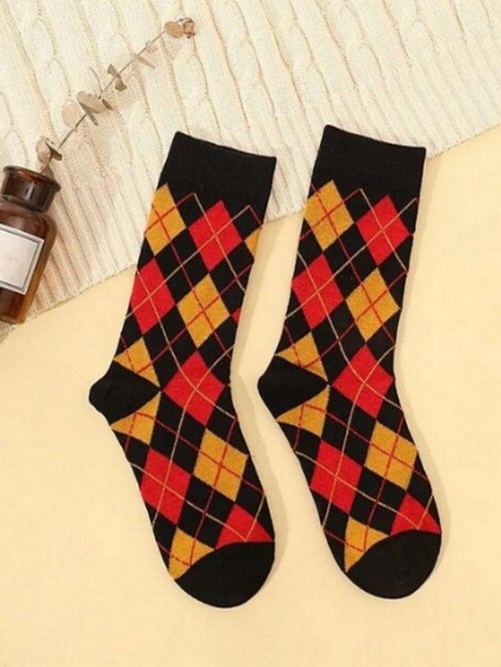 Shelby Argyle Pattern Socks Black with Orange and Red Gift Packaged